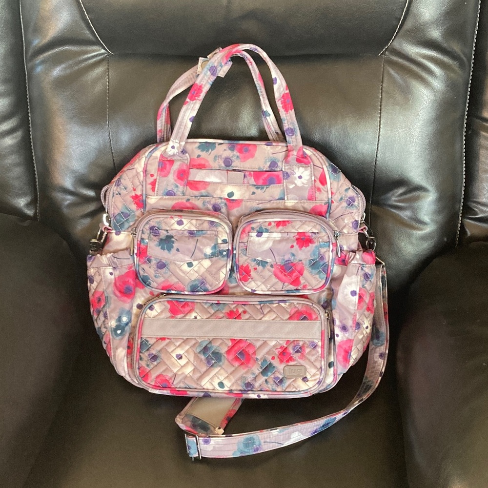 Quilted Floral Multi-Pocket Women's Tote Bag — Pink & Purple